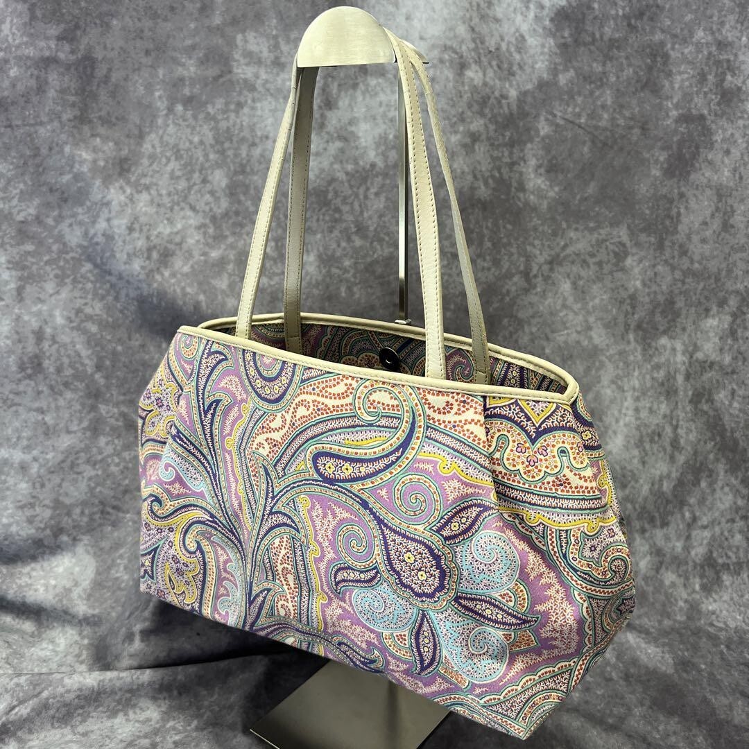 【美品】ETRO エトロ ペイズリー柄 トートバッグ キャンバス×レザー調ハンドル レディース ファッション バッグ カジュアル パープル系拍卖