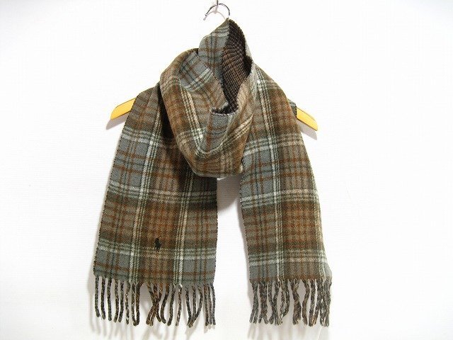 POLO RALPH LAUREN/ポロ ラルフローレン ウール マフラー RN26128 CA22608 ポニー刺繍 チェック柄 レディース ブラウン×グリーン拍卖