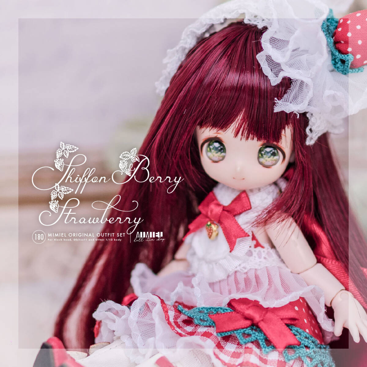 ◆ MIMIEL ◆ 1/12doll いちごのお洋服セット・赤 ◆ 4インチ/アンティーユ/ 虫虫カフェ/子犬わたあめ/オビツ11ボディ/アウトフィットのみ拍卖