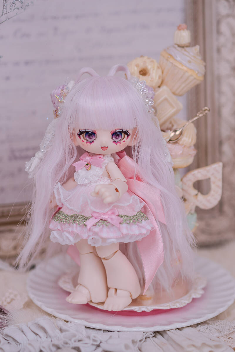 ◆◇MIMIEL◇◆6インチカスタムウィッグ/お団子ふわふわウェーブヘア・ピンク系カラー/M01ヘッド/虫虫カフェ ※ウィッグのみ拍卖