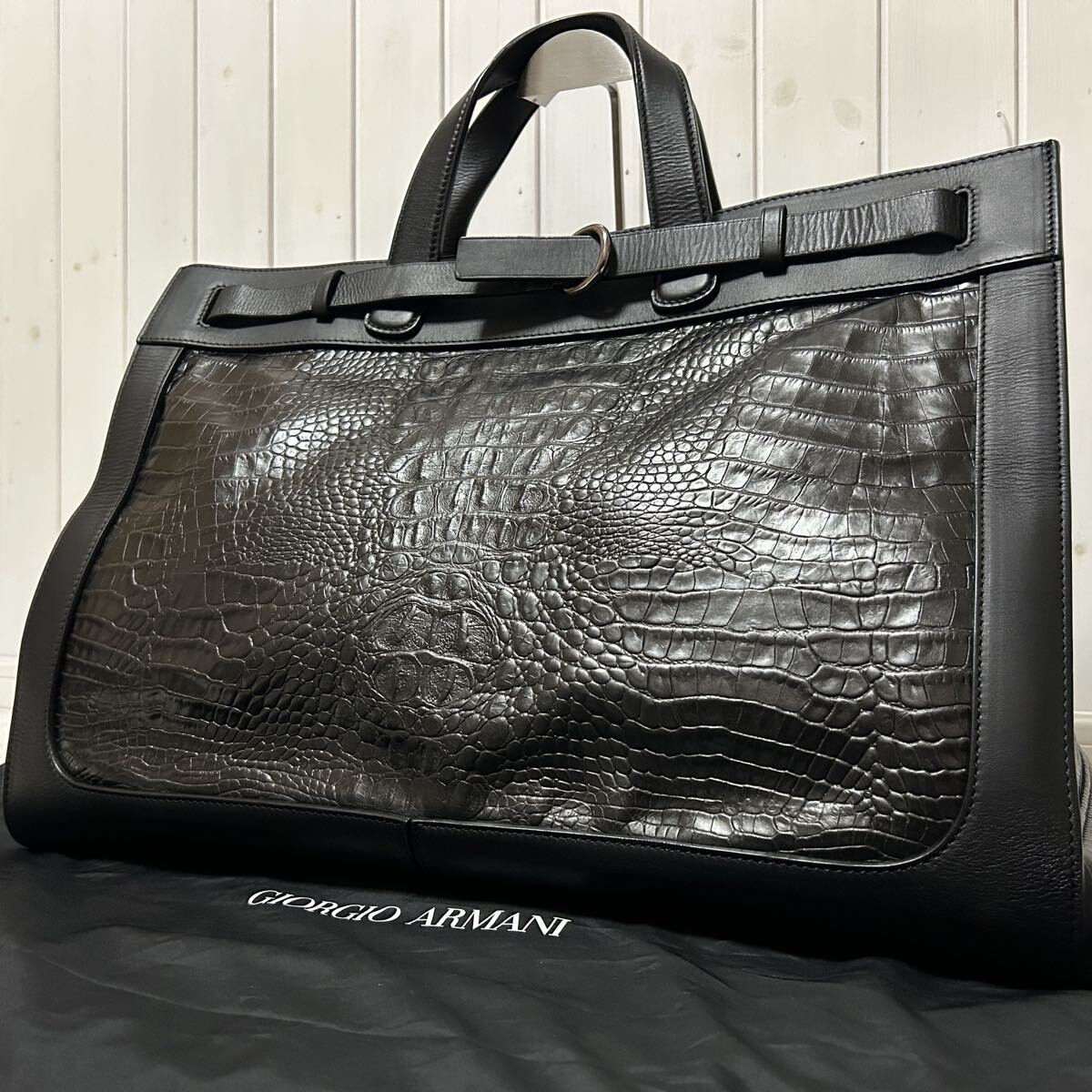 特大!横52cm/極美品 GIORGIOARMANI ジョルジオアルマーニ クロコ型押し ボストンバッグ トートバック ハンド 肩掛け ゴルフ メン ビジネス拍卖
