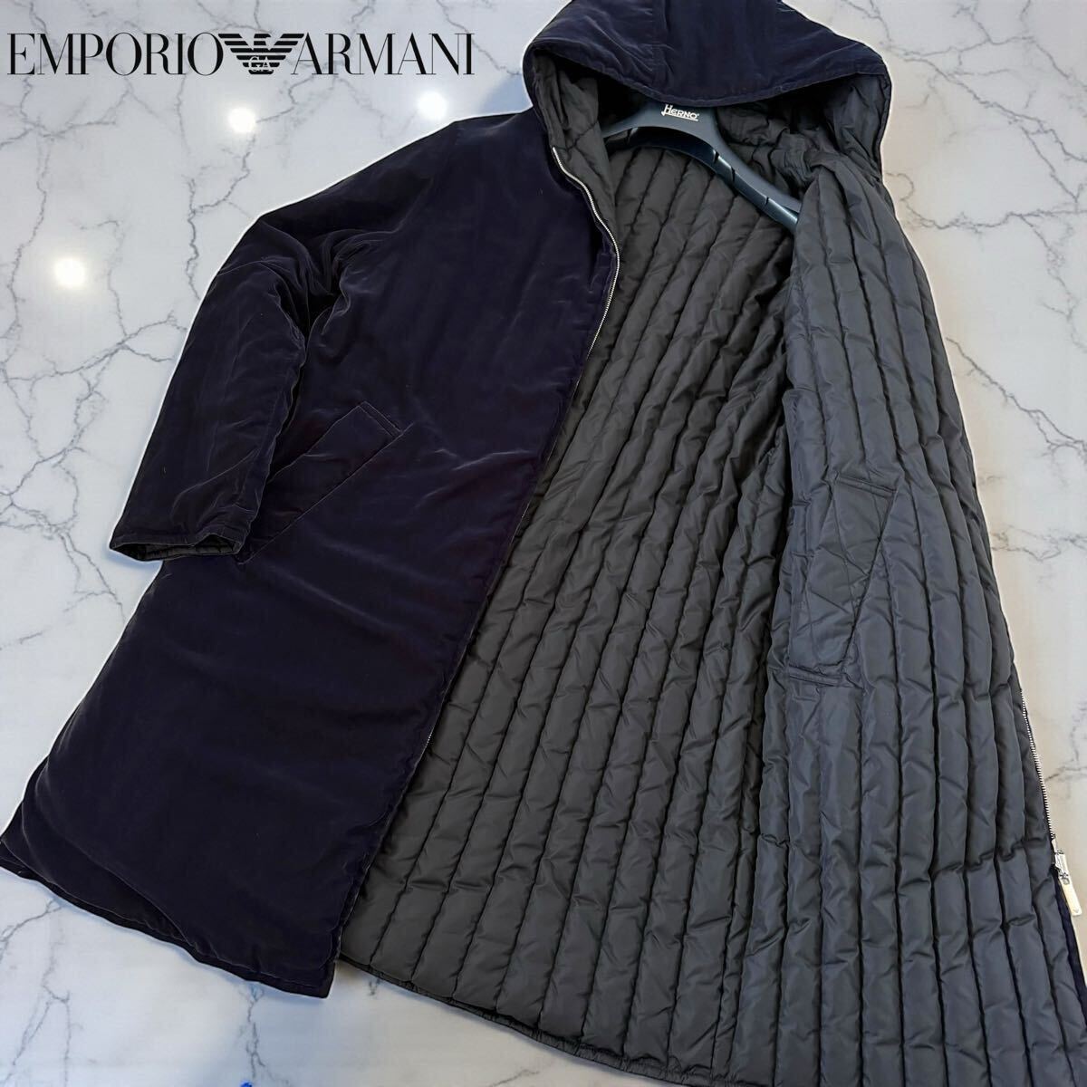 エンポリオアルマーニ リバーシブル ダウンコート 黒タグ 48/L ダブルジップ ベルベット ベロア 艶 キルティング フード付 EMPORIO ARMANI拍卖