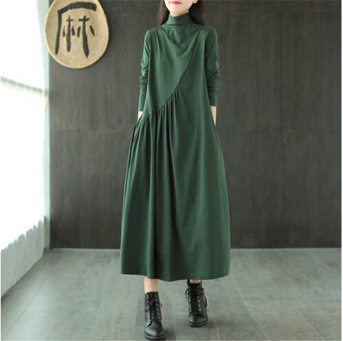 人気品秋新作 カジュアル ゆったり 20代30代40代50代大きいサイズ 長袖Aライン ロングワンピース 緑 M~3XLサイズ拍卖