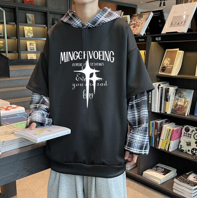 新入荷裏起毛 トレーナー 厚手 メンズ トップス 韓国風 重ね着風 チェック柄 長袖 フード付き ゆったり 秋冬 大きいサイズ (2色S-5XL)拍卖