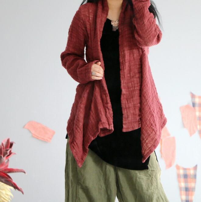 新入荷推薦カーディガン 羽織物 チュニック トップス アンティーク風 純色 ロマンファッション ゆったり麻100%リネン レッド拍卖