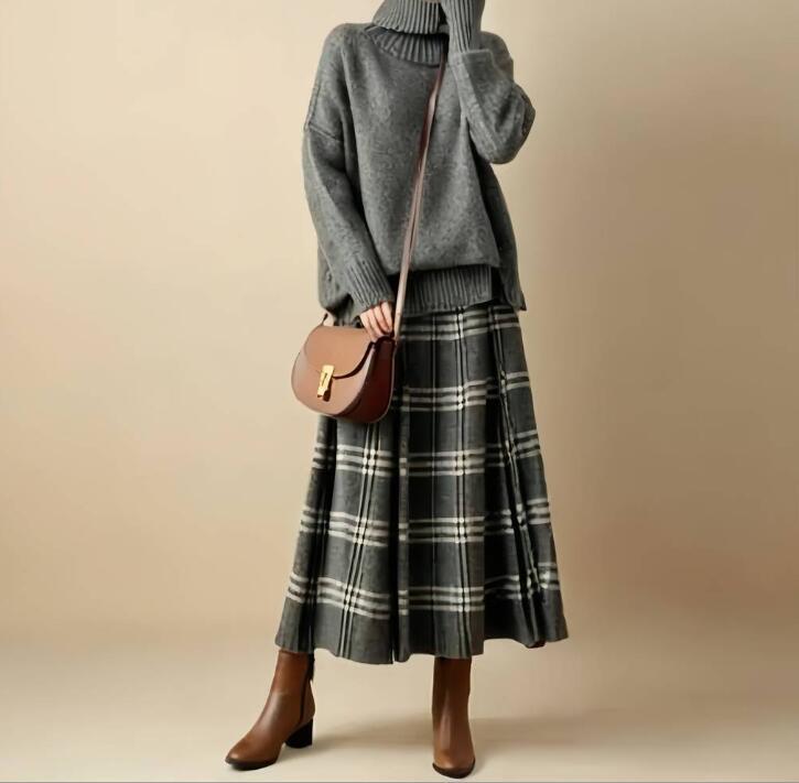 新入荷秋冬レディース きれいめ セットアップ チェック柄 ロングスカート ニット ハイネック ニット セーター フレアスカート拍卖