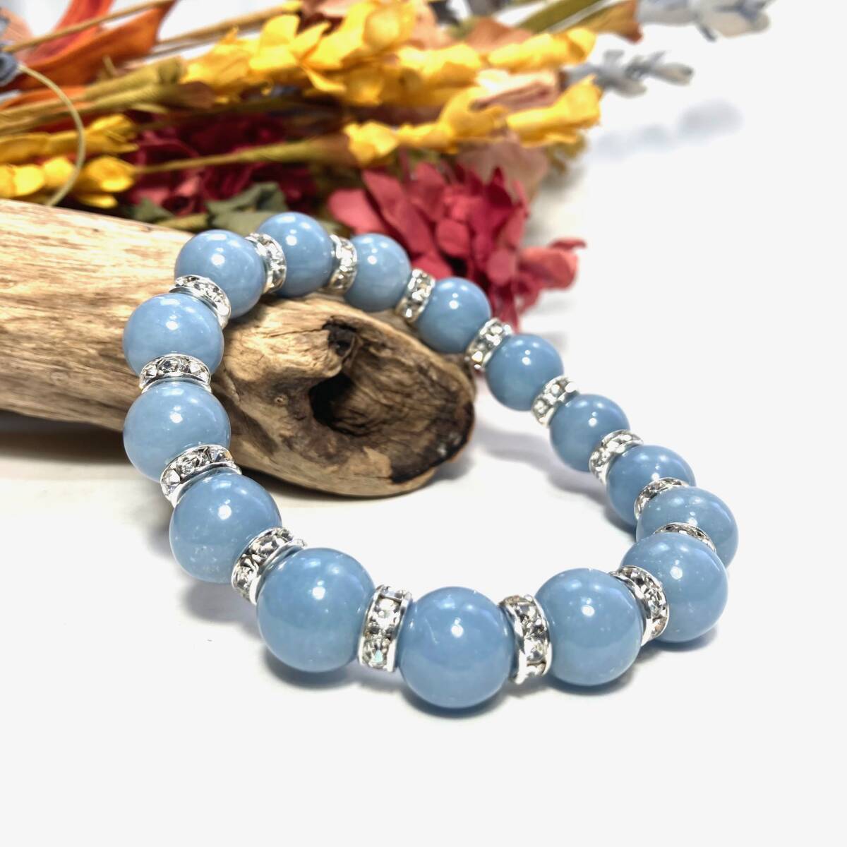 エンジェライト パワーストーン ブレスレット 12mm 天然石ブレス (シルバー)シンプル 開運 浄化 数珠ブレス メンズ 男性♪拍卖