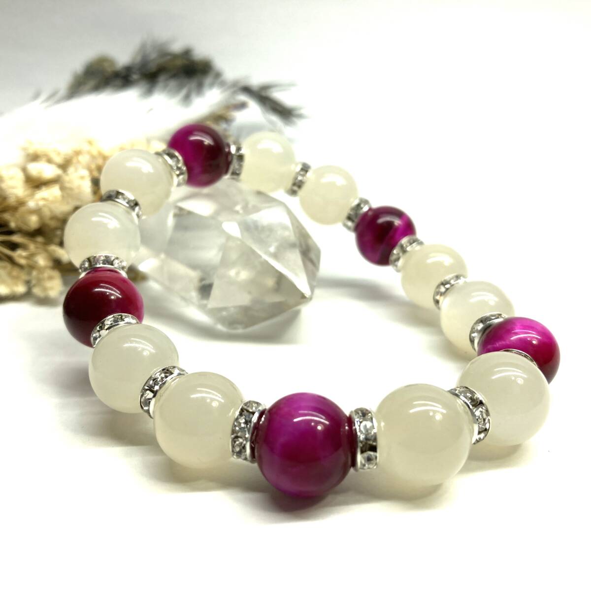 ムーンストーン&ピンクタイガーアイ パワーストーン ブレスレット 天然石ブレス (シルバー) 12mm 幸運 開運 メンズ 男性♪拍卖