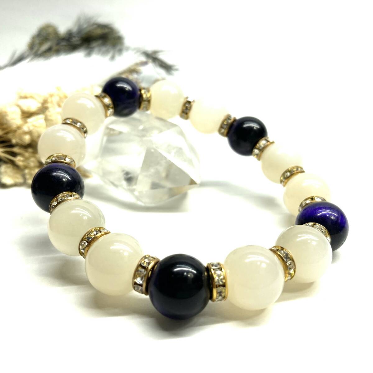 ムーンストーン&パープルタイガーアイ パワーストーン ブレスレット 天然石ブレス (ゴールド) 12mm 幸運 開運 メンズ 男性♪拍卖