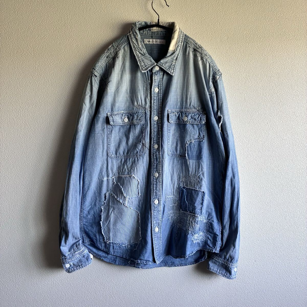 レア! Ron Herman RHC ロンハーマン ダメージ リペア加工 インディゴ シャンブレー デニム シャツ ジャケット ヴィンテージ 長袖 L拍卖