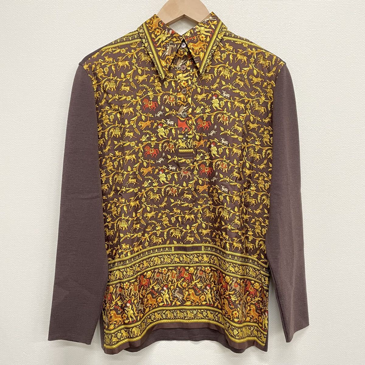 【HERMES】エルメス★長袖シャツ マルジェラ期 シルク×ウール ニット トップス CHASSE EN INDE 総柄 スカーフ柄 サイズM 11拍卖