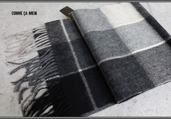 新品 コムサメン 秋冬 ヘリンボーン織 ビッグチェック マフラー/黒 定価1.2万円/COMME CA MEN/ブロックチェック拍卖