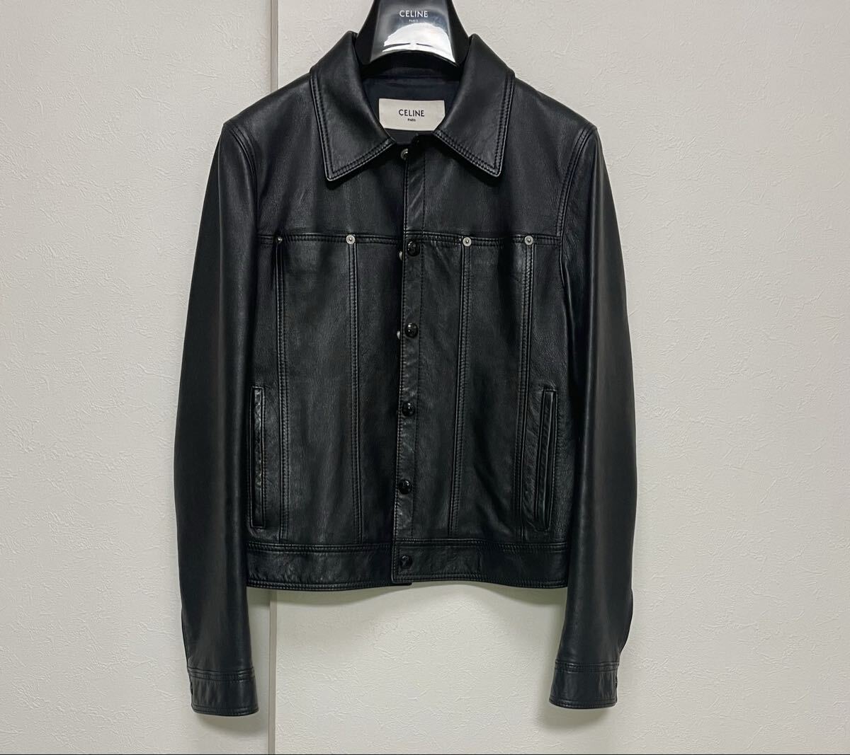 20AW CELINE シングルレザーライダースジャケット 44 セリーヌ エディスリマン レザーブルゾン 黒拍卖