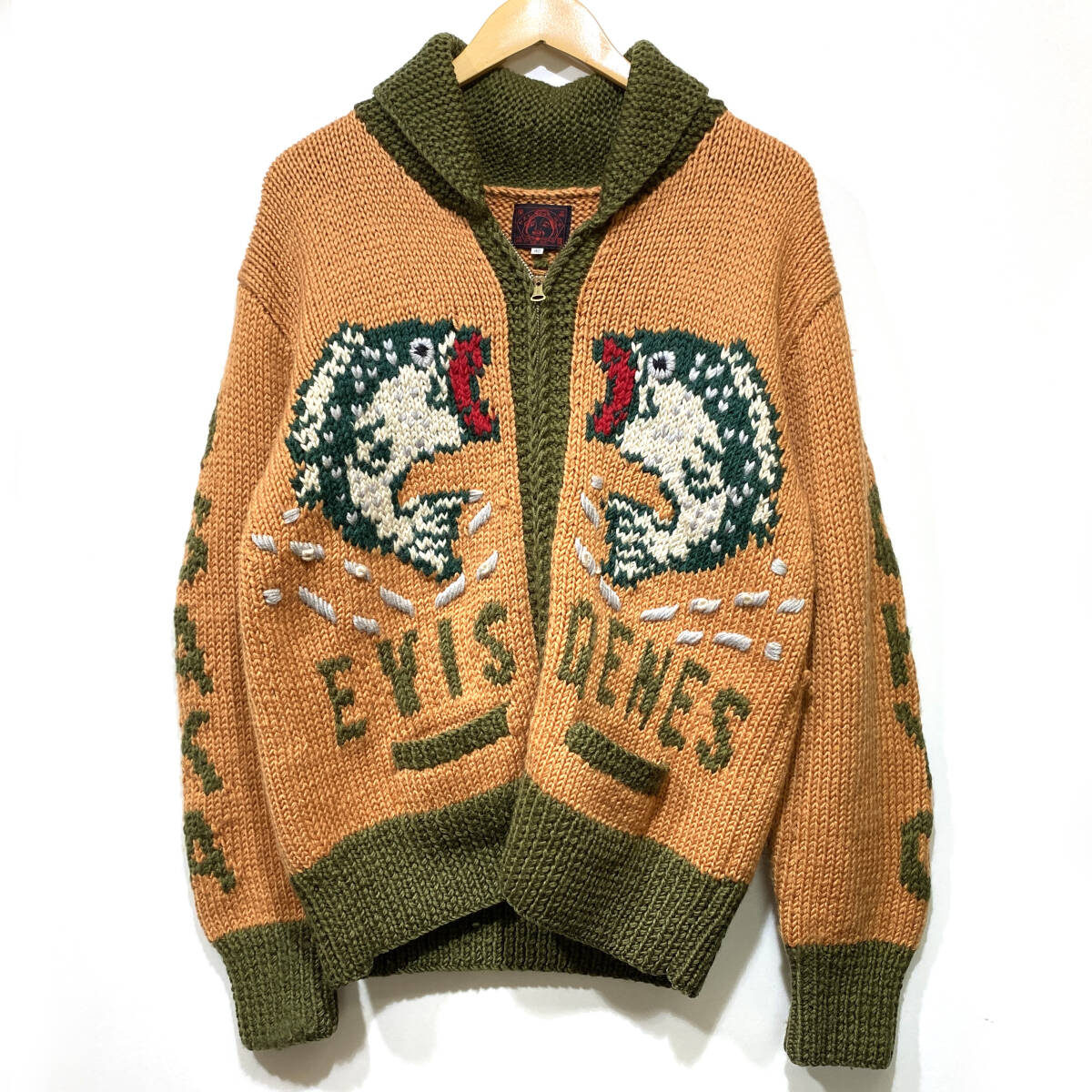 tu129 EVISU エヴィス 道楽 カウチンセーター ジャケット ブラックバス ニット size40 ※難あり拍卖