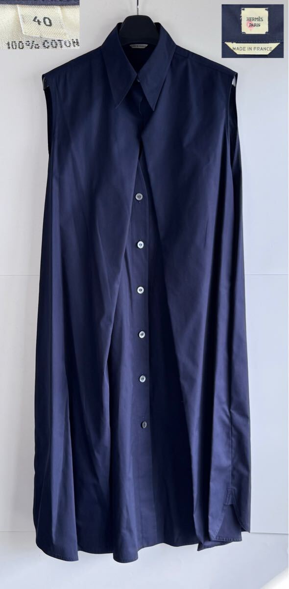 AZ-379 美品 エルメス HERMES ゴルチェ期 ネイビー ノースリーブ レイヤード シャツ ワンピース ロング サイズ40 Lsize 紺色 コットン100%拍卖
