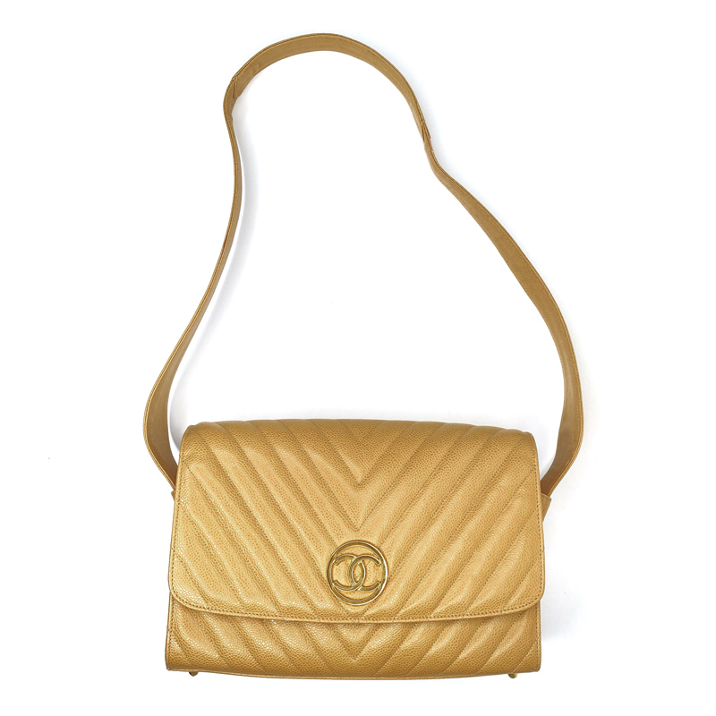 極美品 シャネル CHANEL キャビアスキン シェブロン 1995~1996年 ショルダーバッグ レザー ベージュ WS1766拍卖