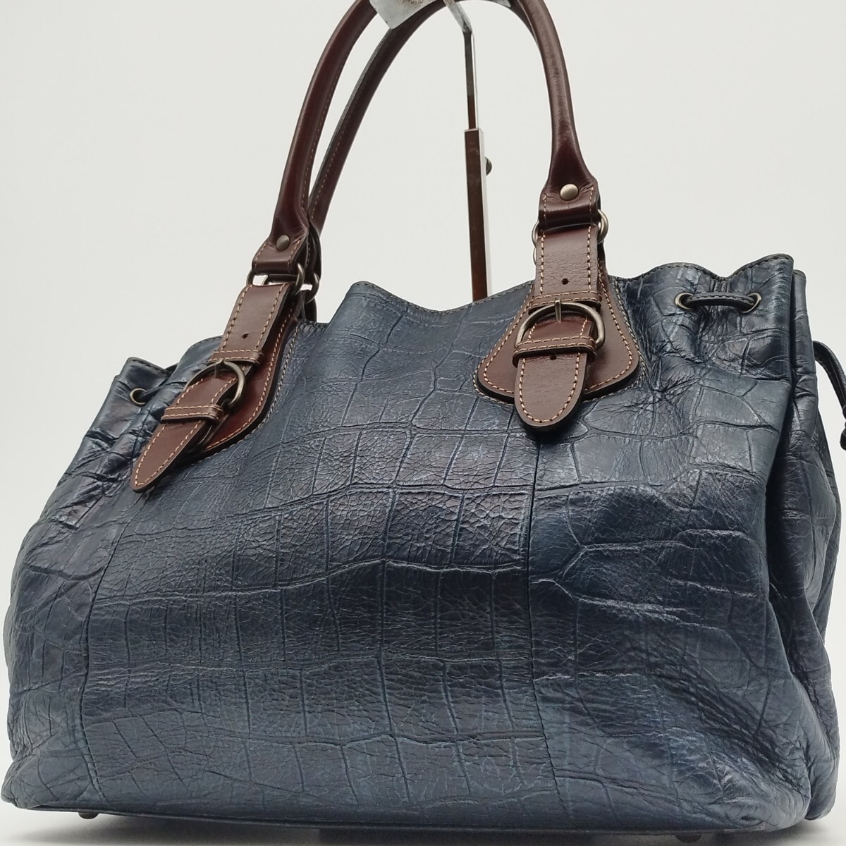 大容量! 美品! クロコ トートバッグ レザー ネイビー 紺 ブラウン 茶 肩掛け可 A4可 ビジネスバッグ ブリーフケース メンズ 鞄 型押し 仕事拍卖