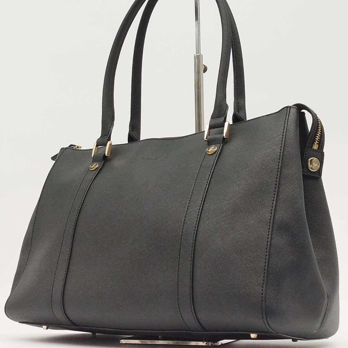 極美品 アニエスベー agnes b トートバッグ 本革 サフィアーノレザー ブラック 黒 肩掛け可 A4可 ビジネスバッグ ブリーフケース メンズ 鞄拍卖
