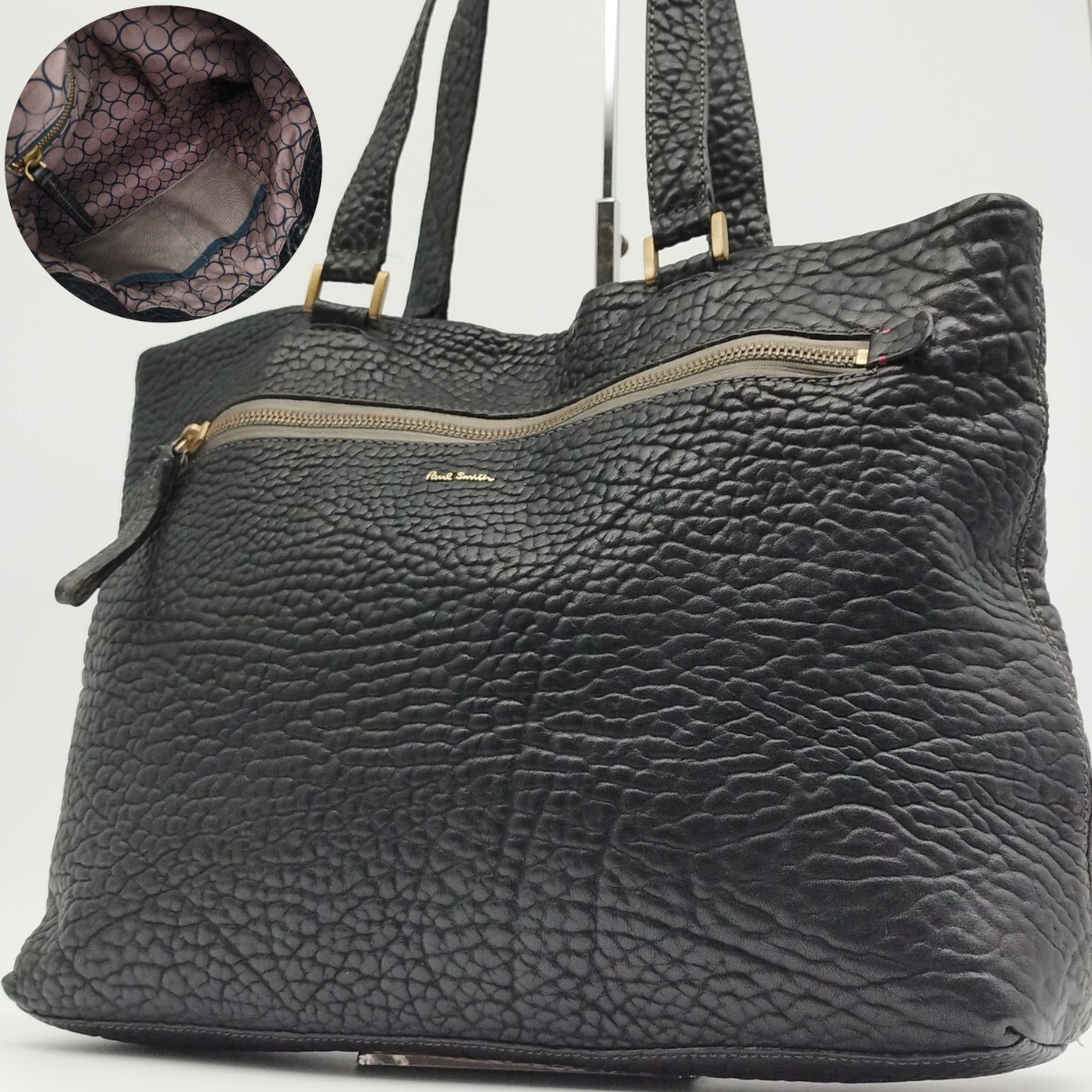美品! 希少! ポールスミス Paul Smith トートバッグ シボ革 レザー ブラック 黒 肩掛け A4可 ビジネスバッグ ブリーフケース メンズ 鞄拍卖