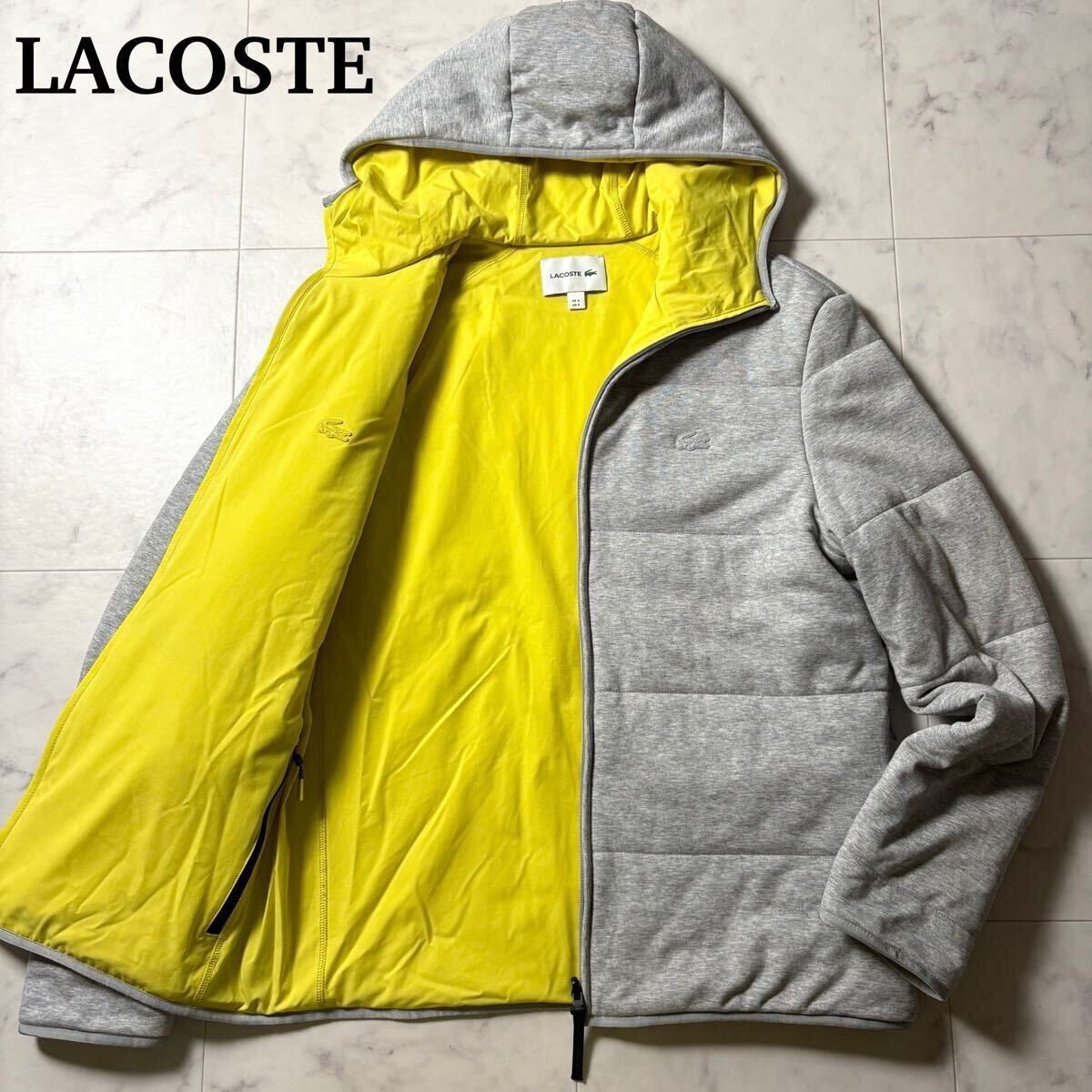 美品●LACOSTE ラコステ リバーシブル 中綿入り フーデットジャケット ブルゾン パーカー 2way 同色ワニロゴ FR3/M相当 グレー イエロー拍卖