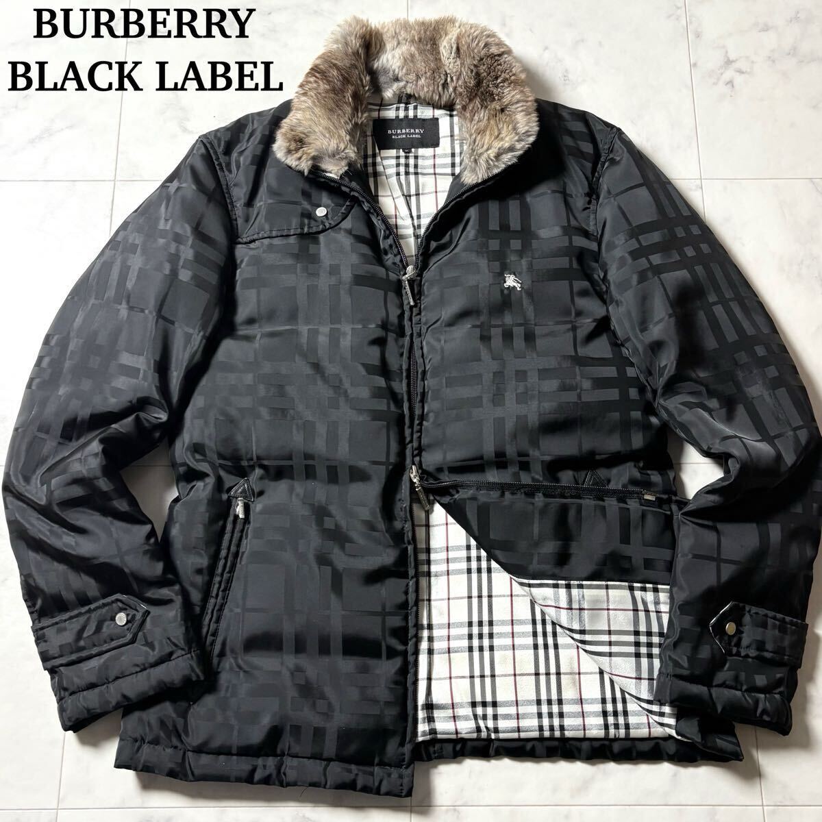 BURBERRY BLACK LABEL バーバリーブラックレーベル シャドーチェック ノバチェック ラビットファー ホース刺繍 2way ダウンジャケット M 黒拍卖