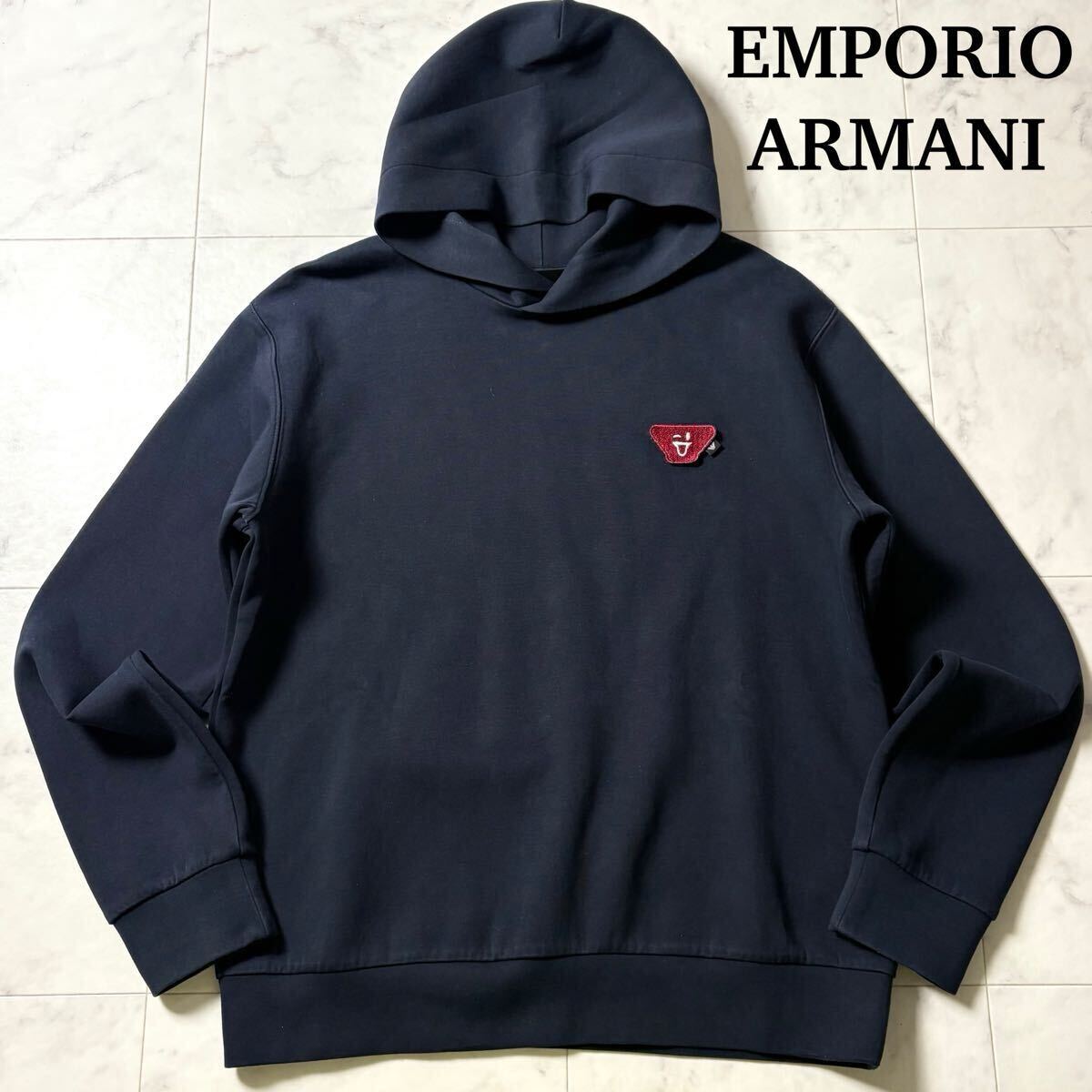 Lサイズ●EMPORIO ARMANI エンポリオアルマーニ ワッペンロゴ ストレッチ プルオーバー パーカー スウェット ネイビー メンズ拍卖