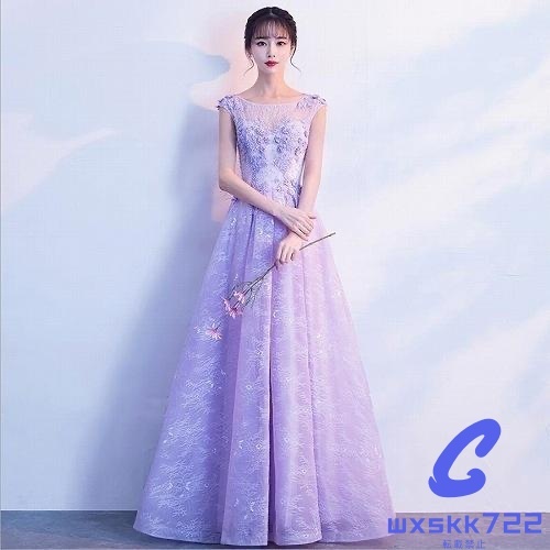 パーティー 結婚式 披露宴 ステージ 演奏会 立体感刺繍 花柄総レース ロングドレス パープル M拍卖