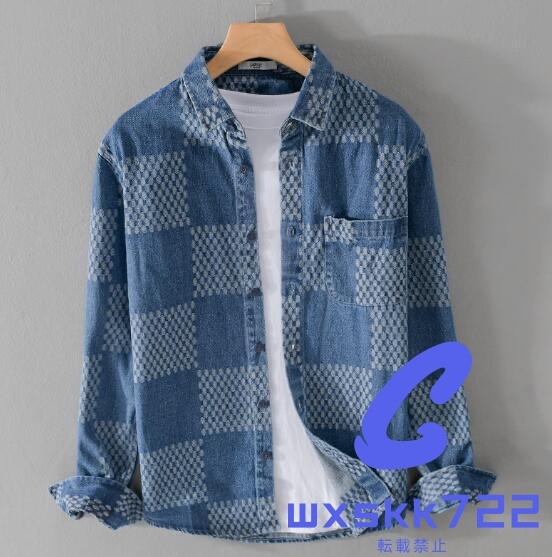 デニムシャツ 開襟長袖シャツ ウエスタンシャツ チェック柄 春秋冬服 ブルゾン メンズ 新品 トップス カジュアル ブルー M~3XL拍卖