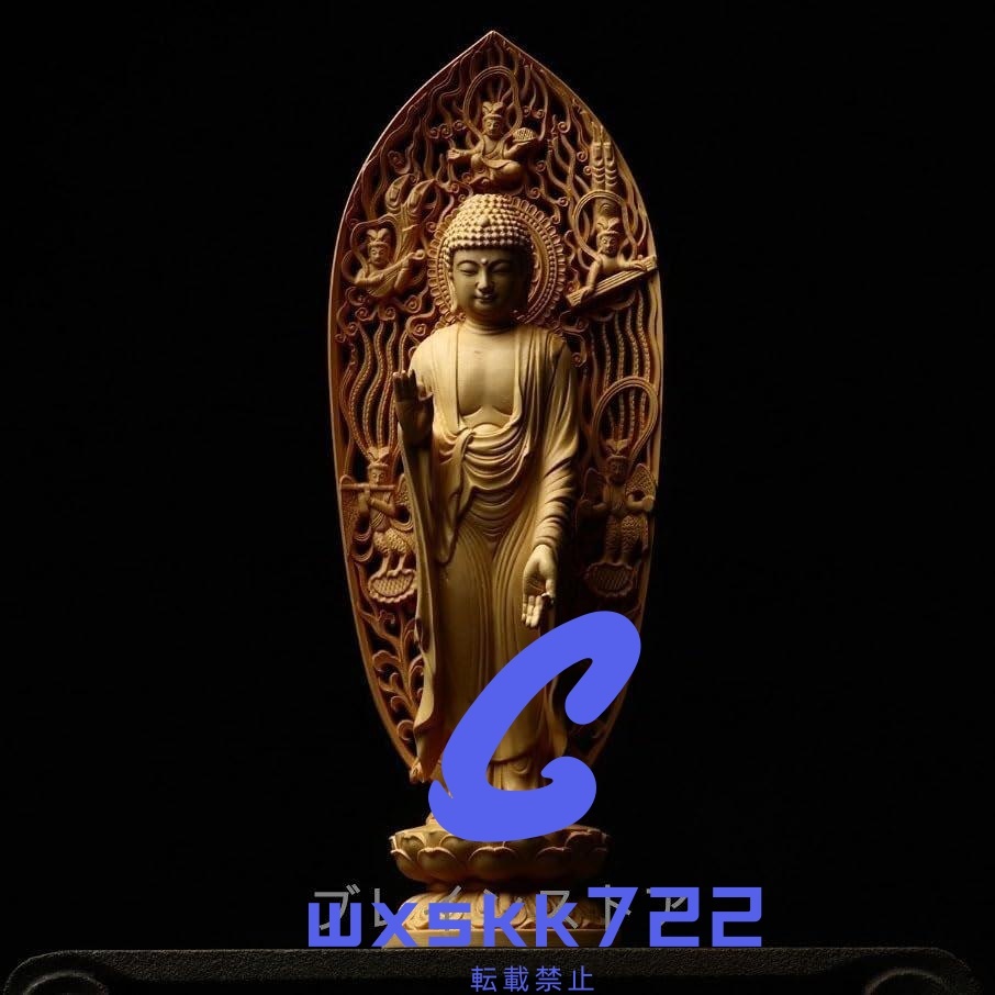 仏像 阿弥陀如来 浄土宗 舟形立像 柘植の木 木彫り 蓮華座 戌・亥年生まれ 厄除け 十二支守り本尊 浄土宗のご本尊拍卖