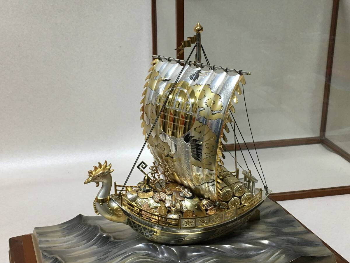 E878 銀製 宝船 STERLING 980 刻印 SEKI 関工芸 ガラスケース付 置物 縁起物 シルバー SILVER拍卖