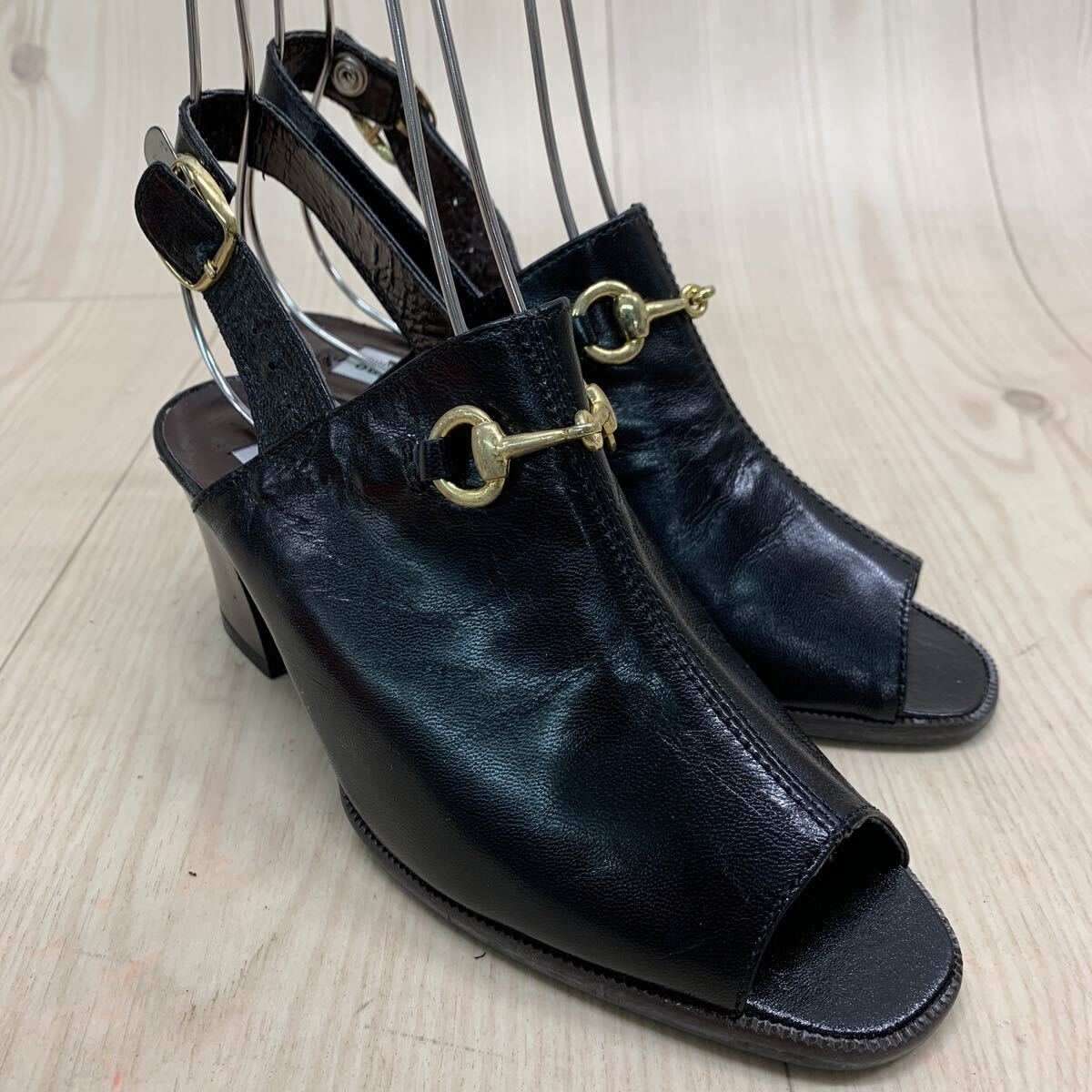 N14FN-251031-271 Claudio Valentino クラウディオ・ヴァレンチノ パリ レザー パンプス ヒール オープントゥ ブラック レディース 22.5cm拍卖