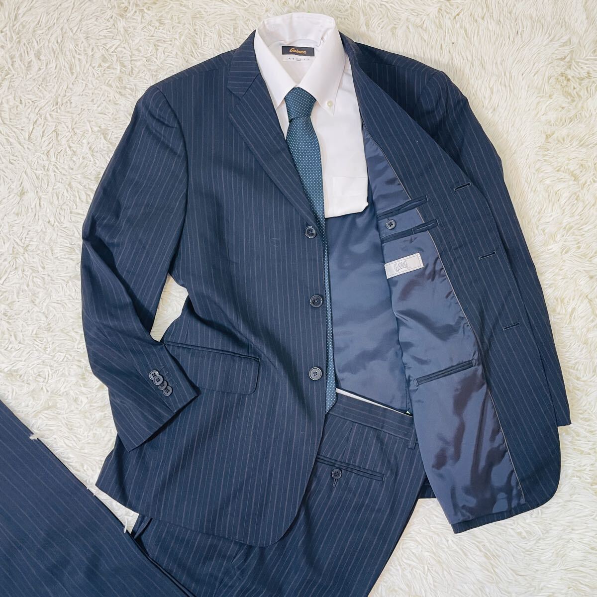 【美品】GELADRAGE ネイビーストライプスーツ AB5 ビジネス 冠婚葬祭 セットアップ 贅の極拍卖