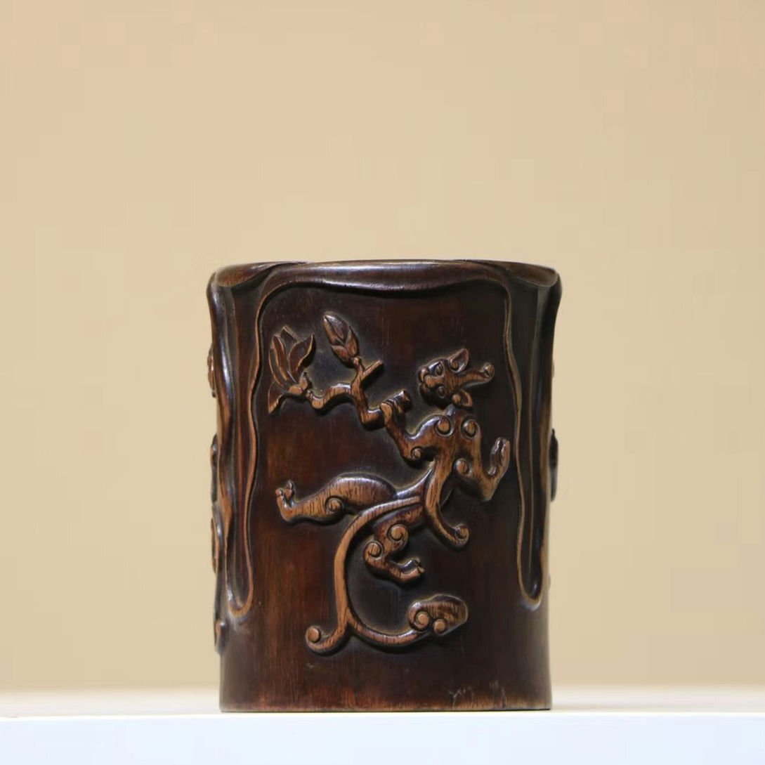 ◆羽彰・古美術◆Y427清時代 黄花梨彫蛟龍紋葵口筆立 黄花梨木細密彫★古置物★古賞物★古擺件★蒐集家放出★唐物拍卖