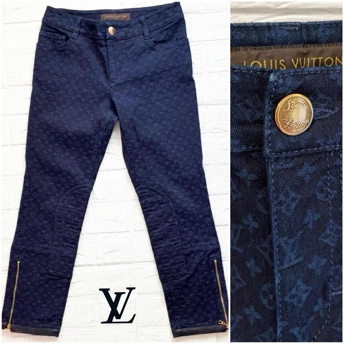 ☆極美品 LOUIS VUITTON ルイヴィトン 全面モノグラム クロップド デニムパンツ レザー切替 インディゴ ストレッチ サイズ36 レディース 拍卖