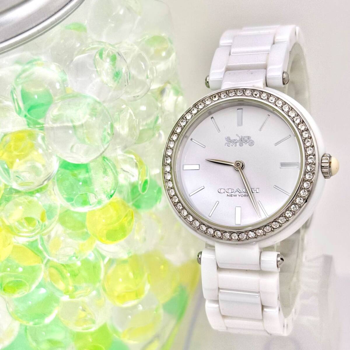 【美品/新品電池】COACH コーチ レディース 腕時計 ダイヤベゼル セラミック ホワイト CA.123.7.28.1786S拍卖