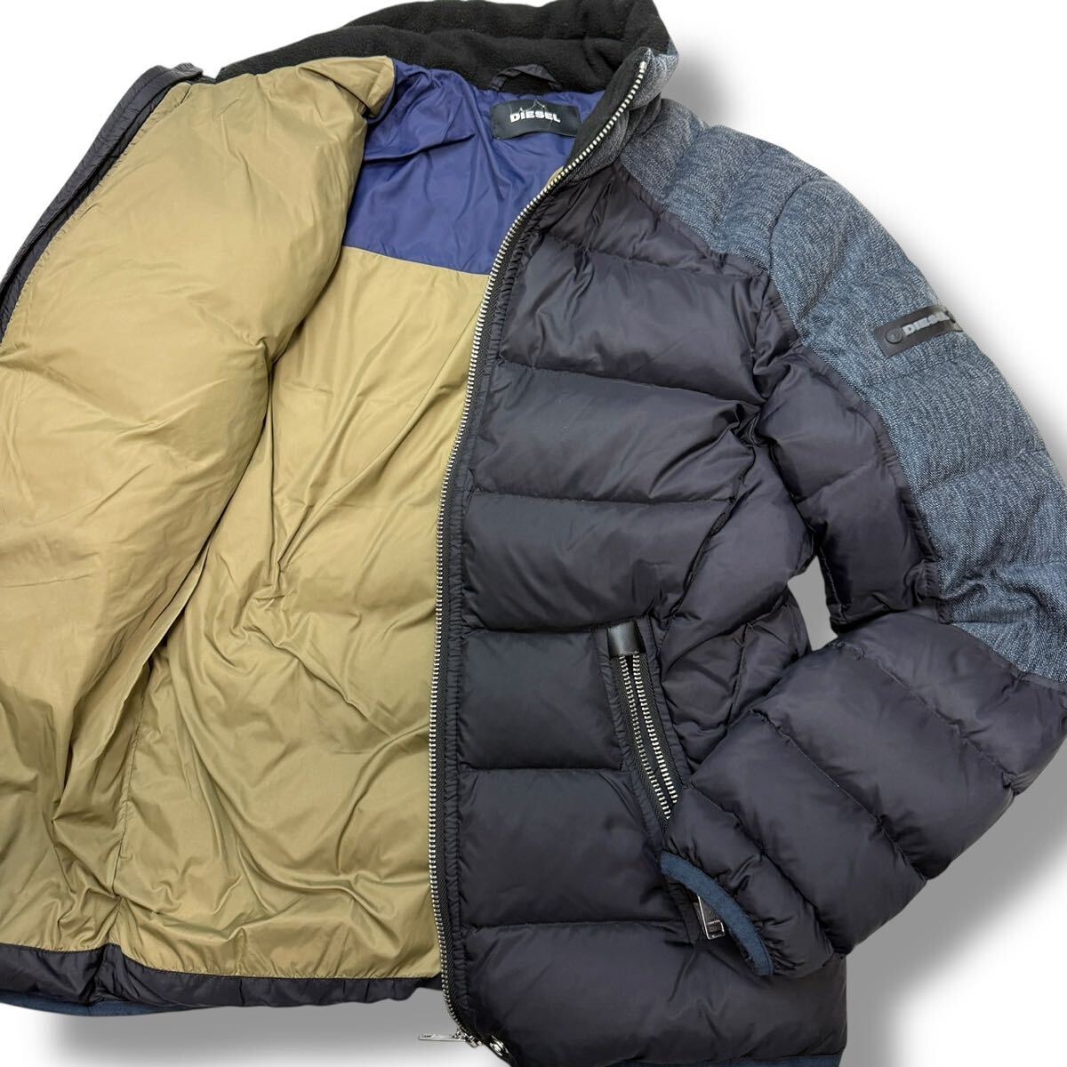 1619 希少L相当◎美品 ディーゼル デニム切替 ダウンジャケット 袖ロゴワッペン ライダース アウター ブルゾン ネイビー 紺 DIESEL メンズ拍卖