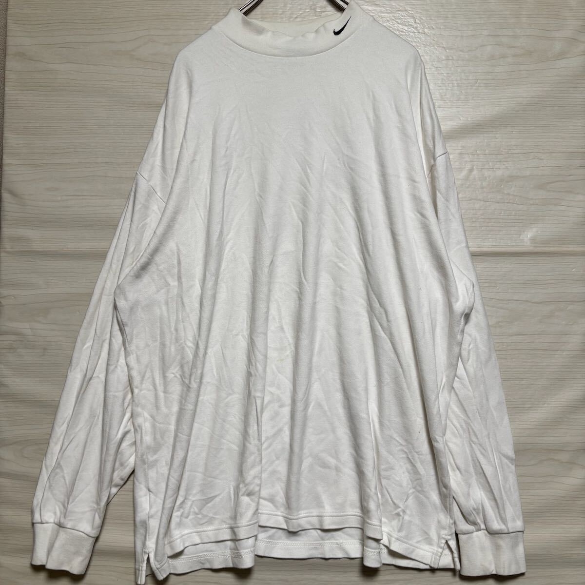 NIKE ナイキ ロンT 長袖Tシャツ 長袖カットソー モックネック ワンポイント ロゴ刺繍 サイズXL ホワイト コットン メンズ トップス(39)拍卖