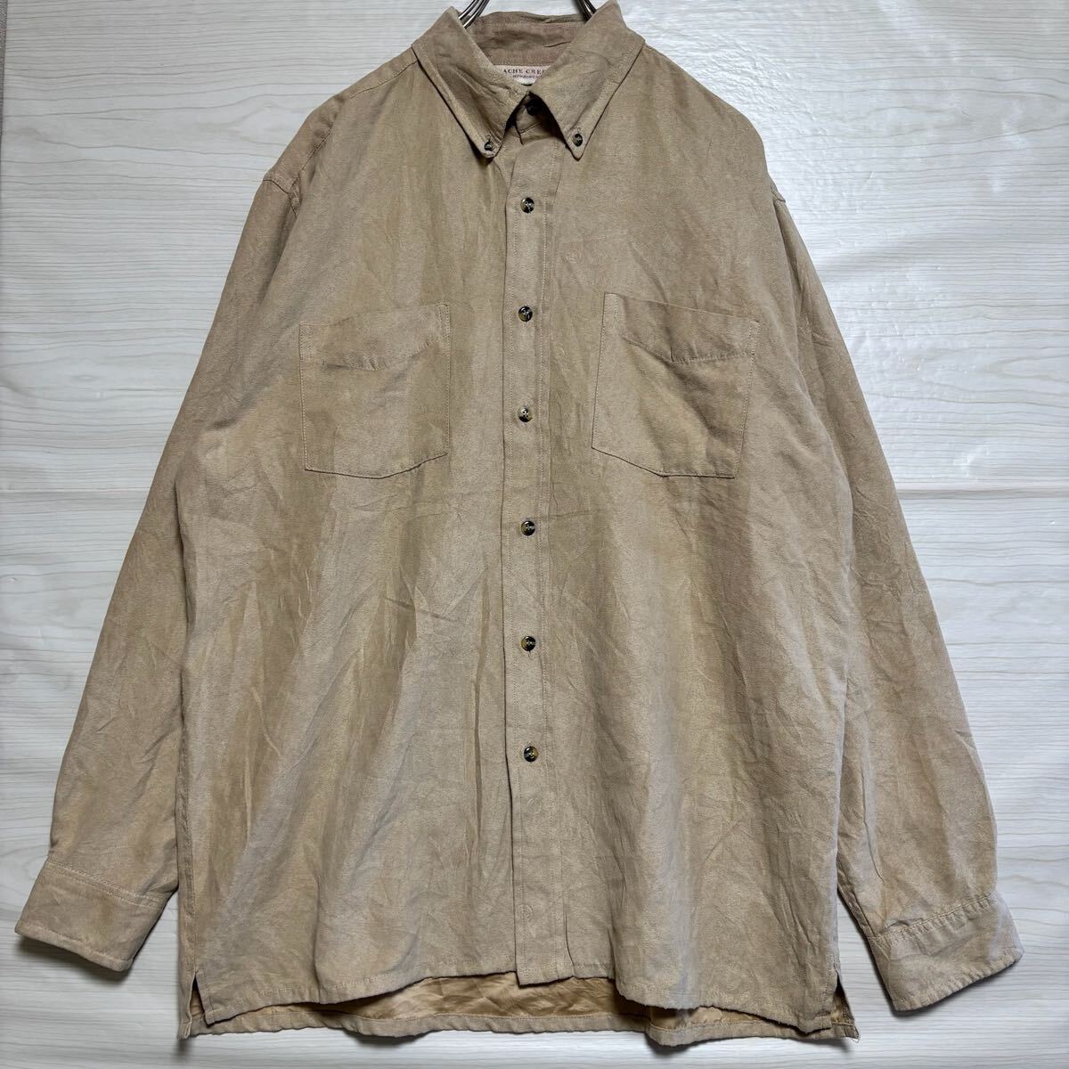 VINTAGE ヴィンテージ 長袖シャツ ボタンダウン 胸ポケット レギュラーフィット サイズM ベージュ ポリエステル メンズ トップス(39)拍卖