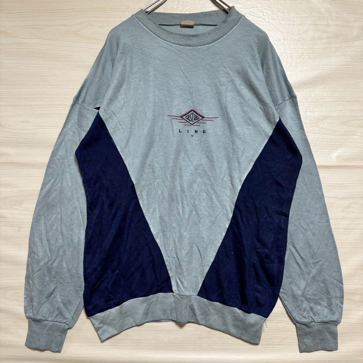 krupier クルーピエ スウェット トレーナー ワンポイント ロゴ刺繍 サイズXL相当 ライトブルー 水色 アクリル メンズ トップス(40)拍卖