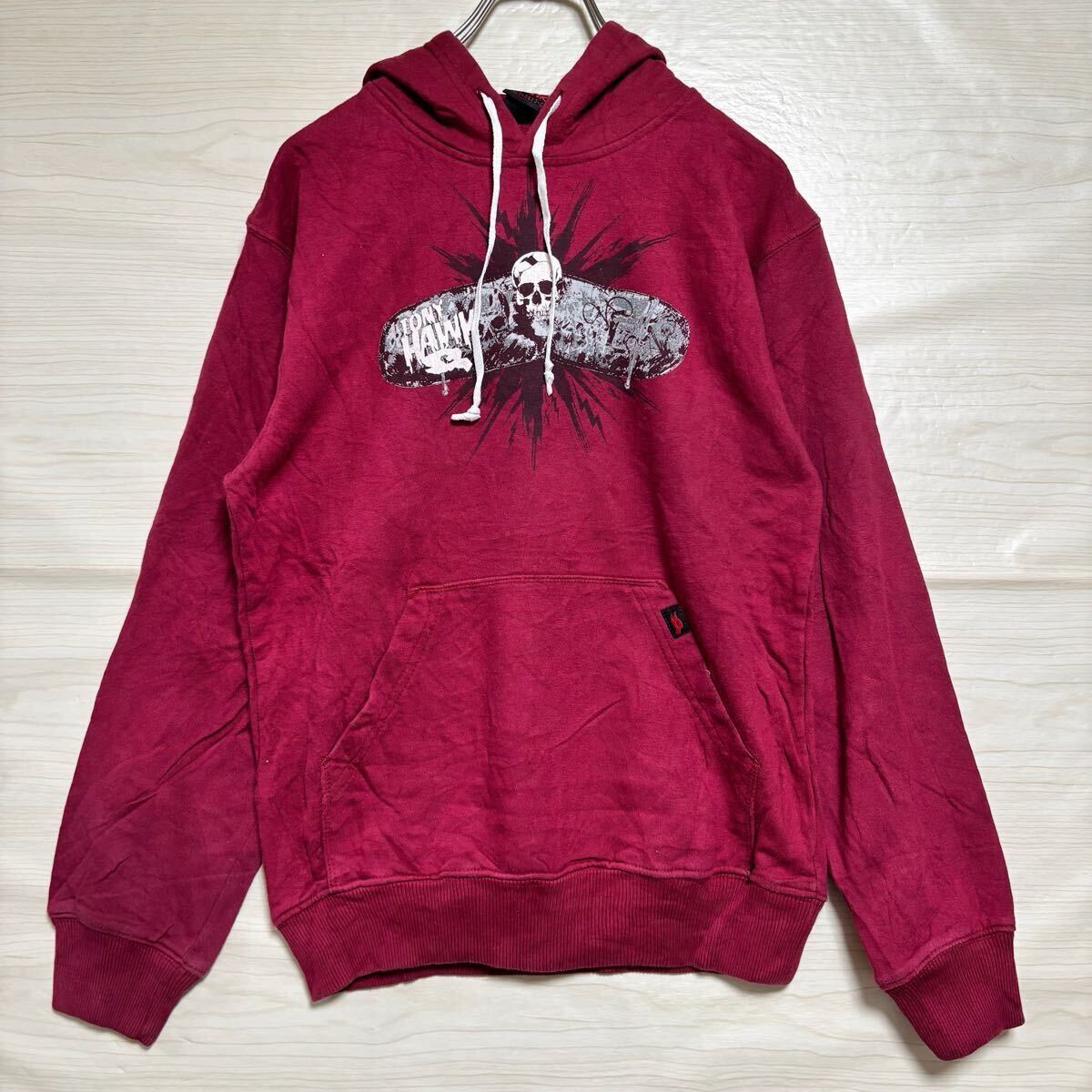 VINTAGE ヴィンテージ プルオーバーパーカー フーディー スウェット スカルプリント サイズL ボルドー コットン キッズ トップス(40)拍卖