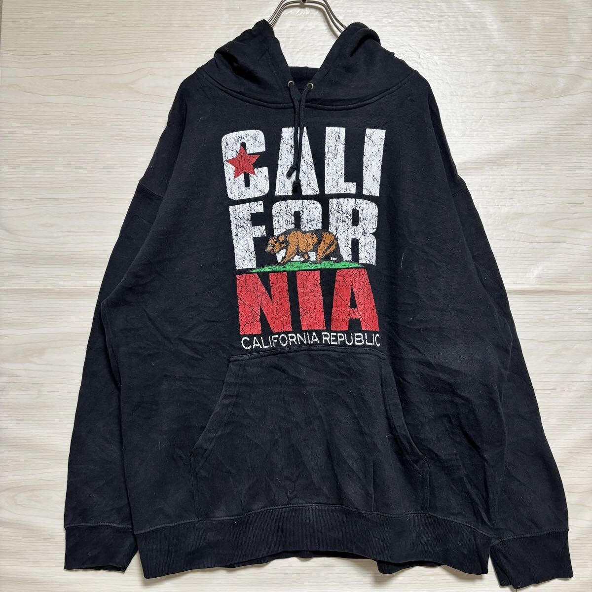 VINTAGE ヴィンテージ プルオーバーパーカー フーディー スウェット ベアープリント サイズXL ブラック 黒 コットン メンズ トップス(41)拍卖