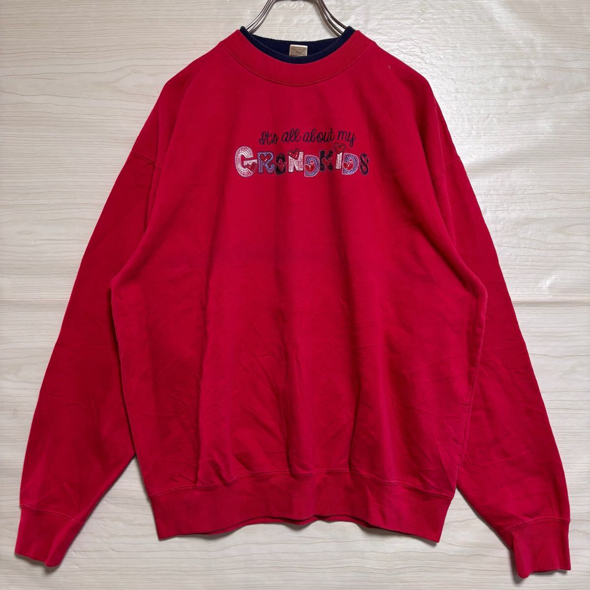 VINTAGE ヴィンテージ スウェット トレーナー レイヤード 刺繍デザイン サイズL レッド 赤 コットン メンズ トップス(44)拍卖