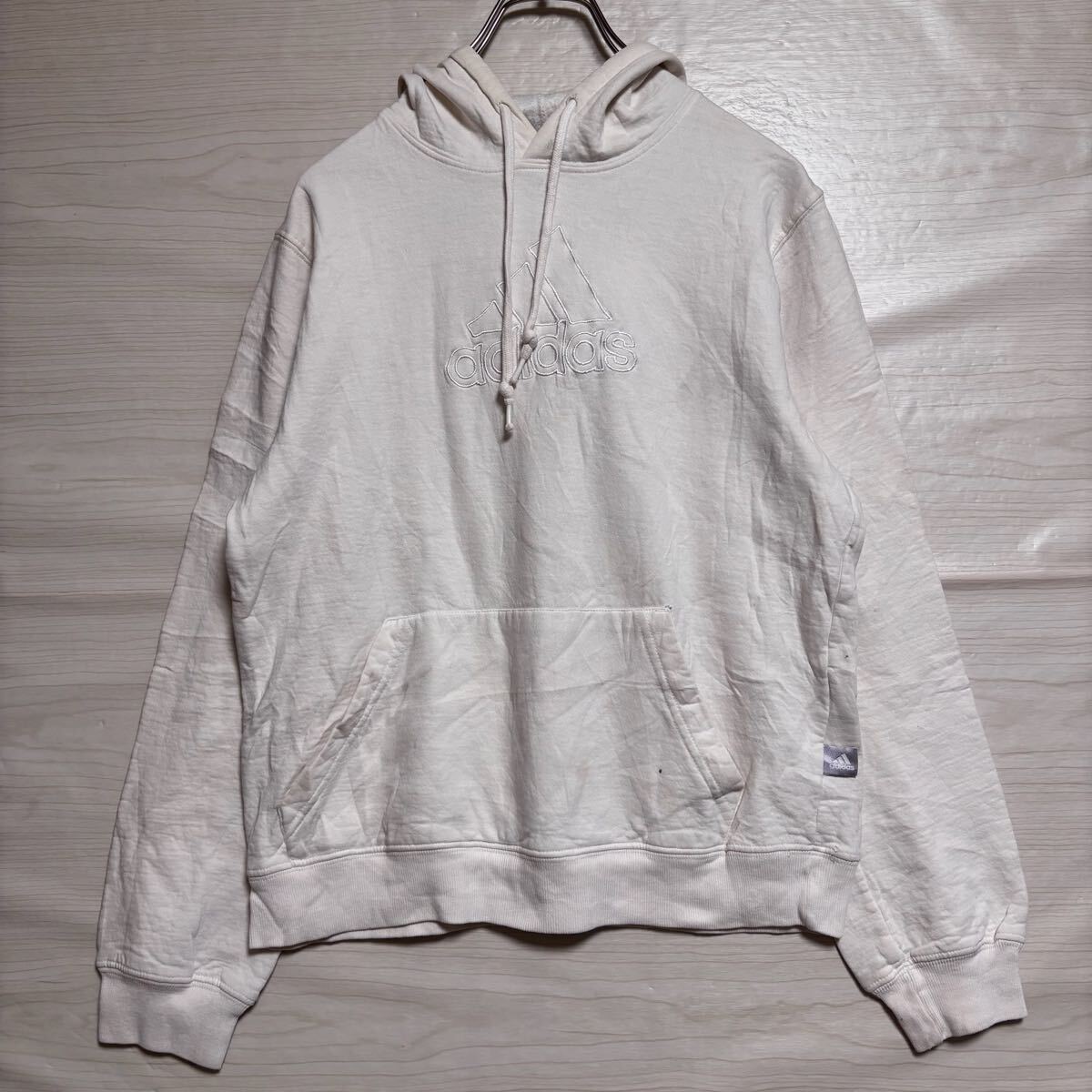 adidas アディダス プルオーバーパーカー フーディー スウェット ロゴ刺繍 サイズM ホワイト 白 コットン レディース トップス(46)拍卖