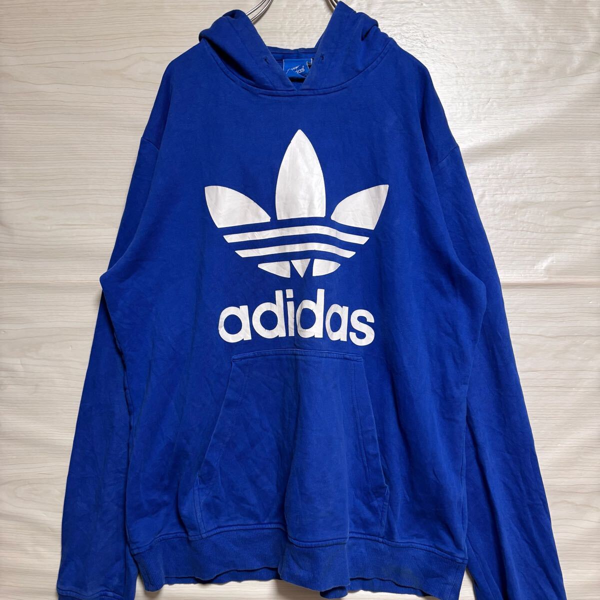 adidas アディダス プルオーバーパーカー フーディー スウェット ビックロゴプリント サイズXL ブルー 青 コットン メンズ トップス(46)拍卖