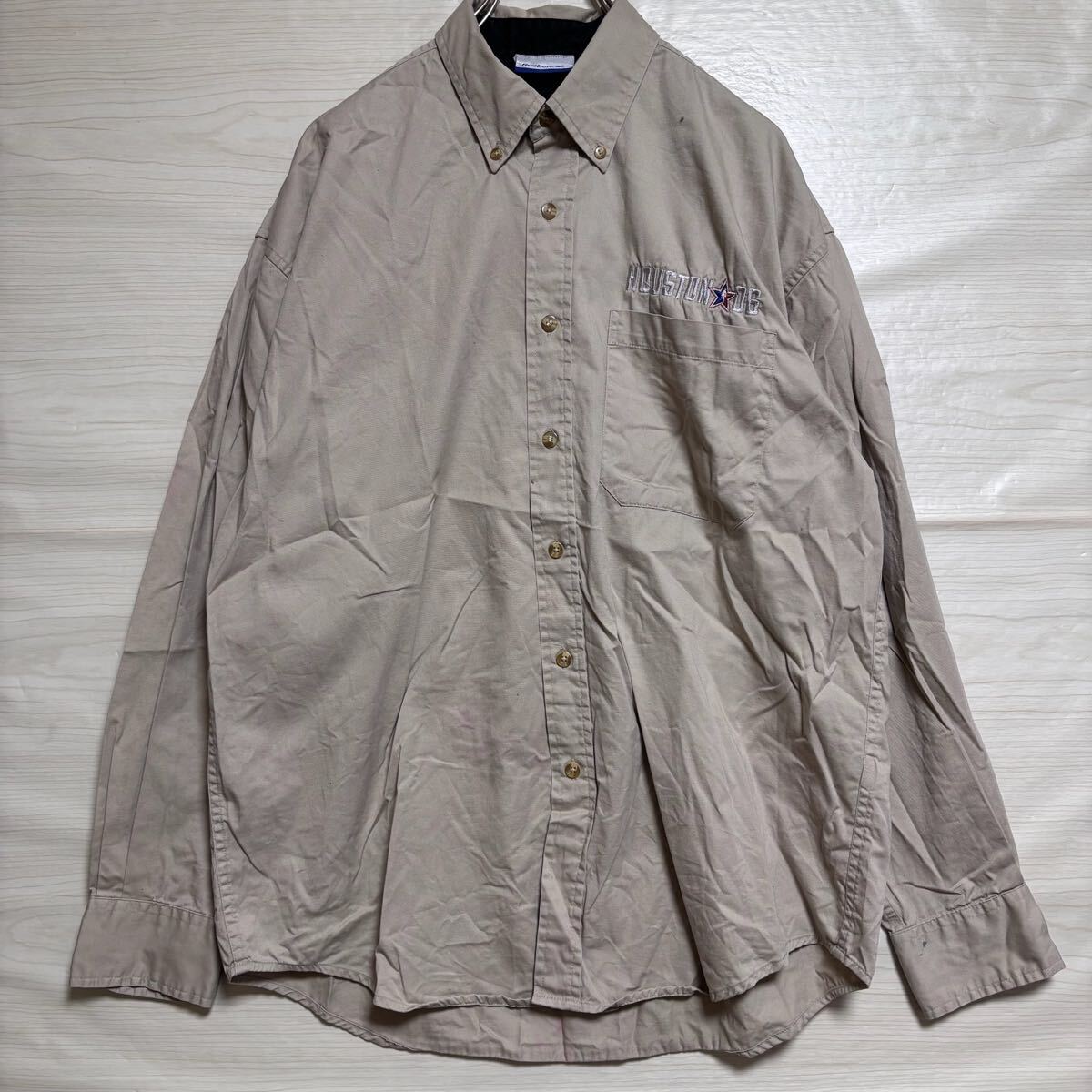 Reebok リーボック 長袖シャツ ボタンダウン ワンポイント ロゴ刺繍 胸ポケット サイズM ベージュ コットン メンズ トップス(46)拍卖