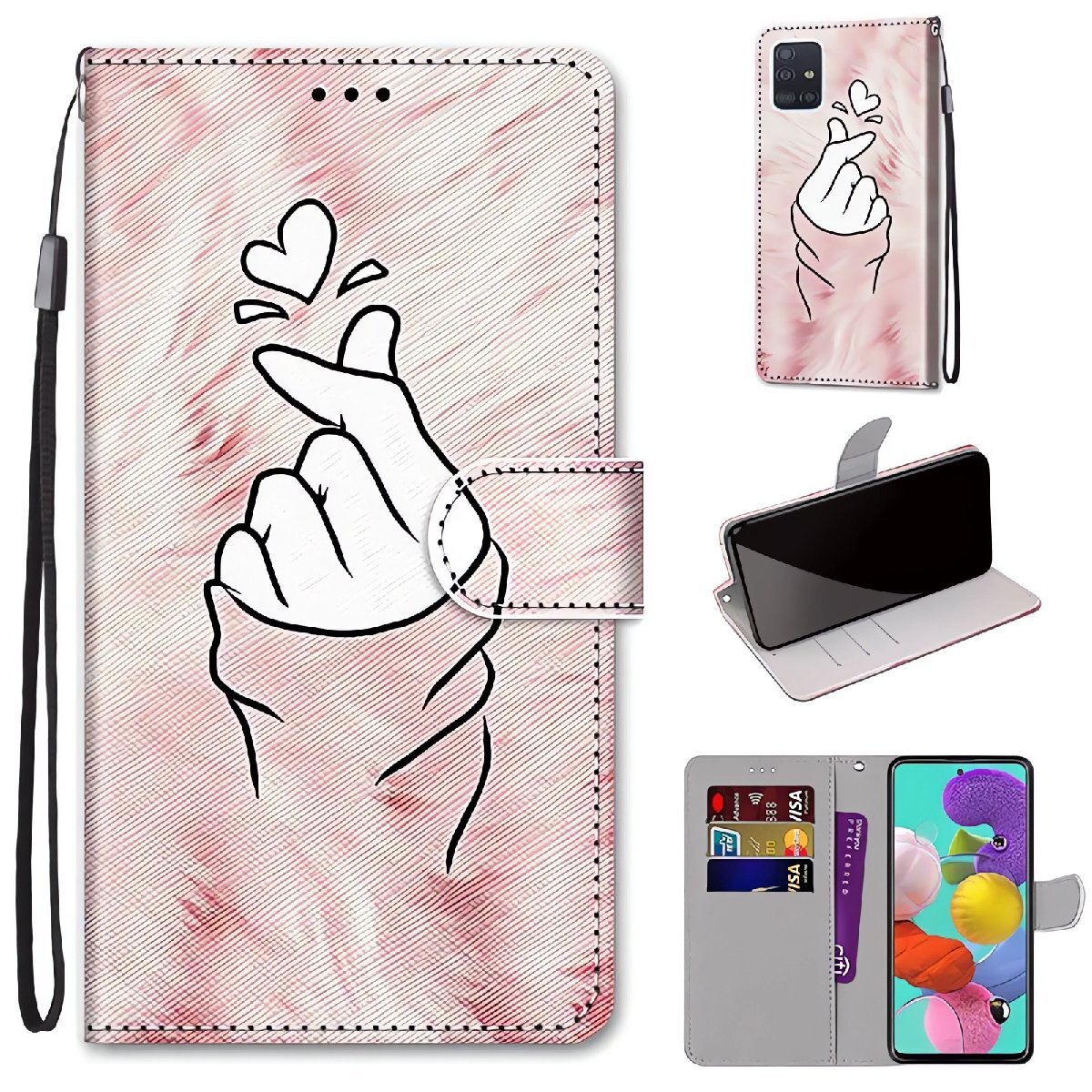 iPhone X 指ハート 手帳型 スマホケース 韓国風 ピンク ラブ カード収納 ストラップ付き 高画質プリント PUレザー拍卖