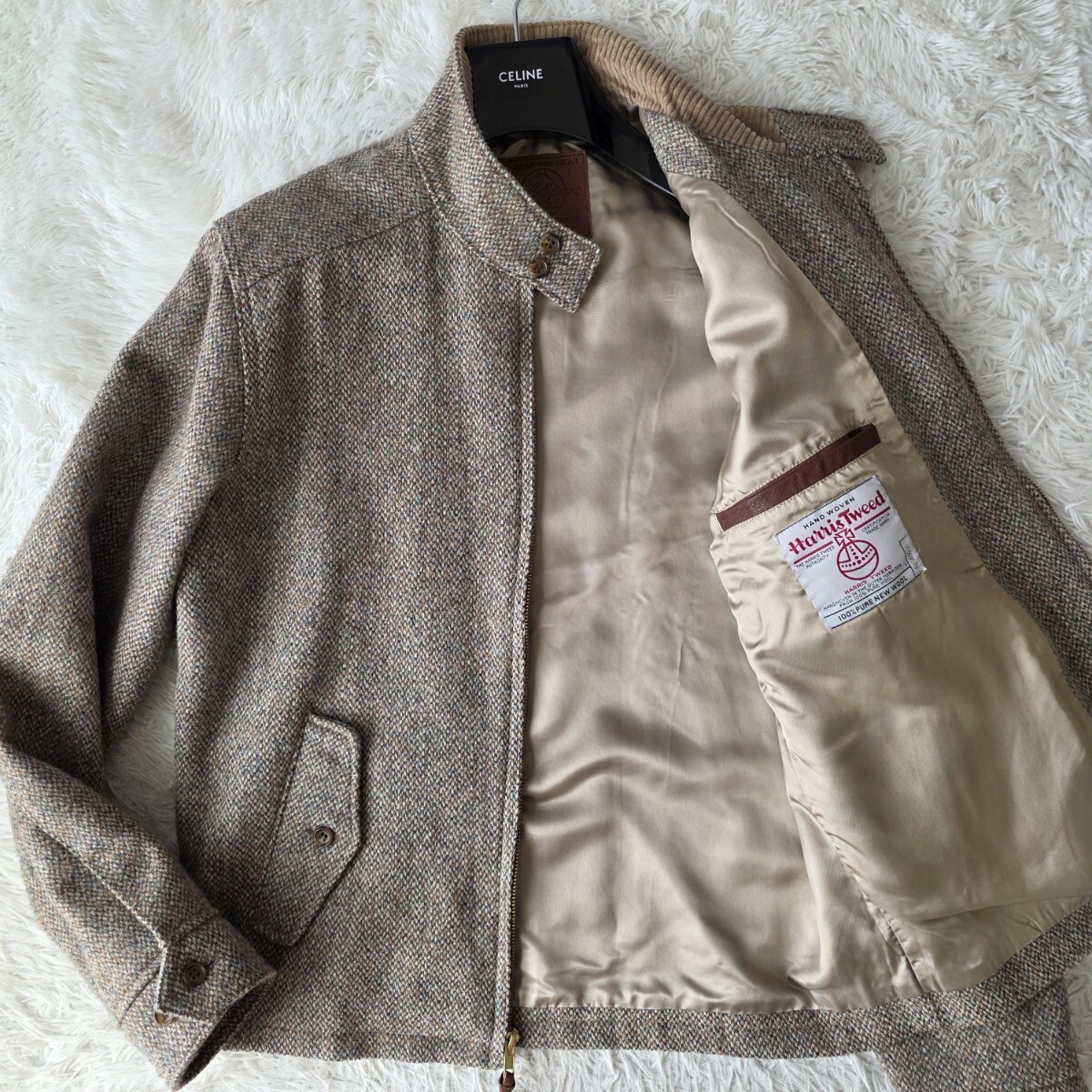 美品/Lサイズ【USA製】Harris Tweed ハリスツイード スイングトップ ブルゾン ハリントンジャケット 襟コーデュロイ YKKジップ 山羊革 拍卖