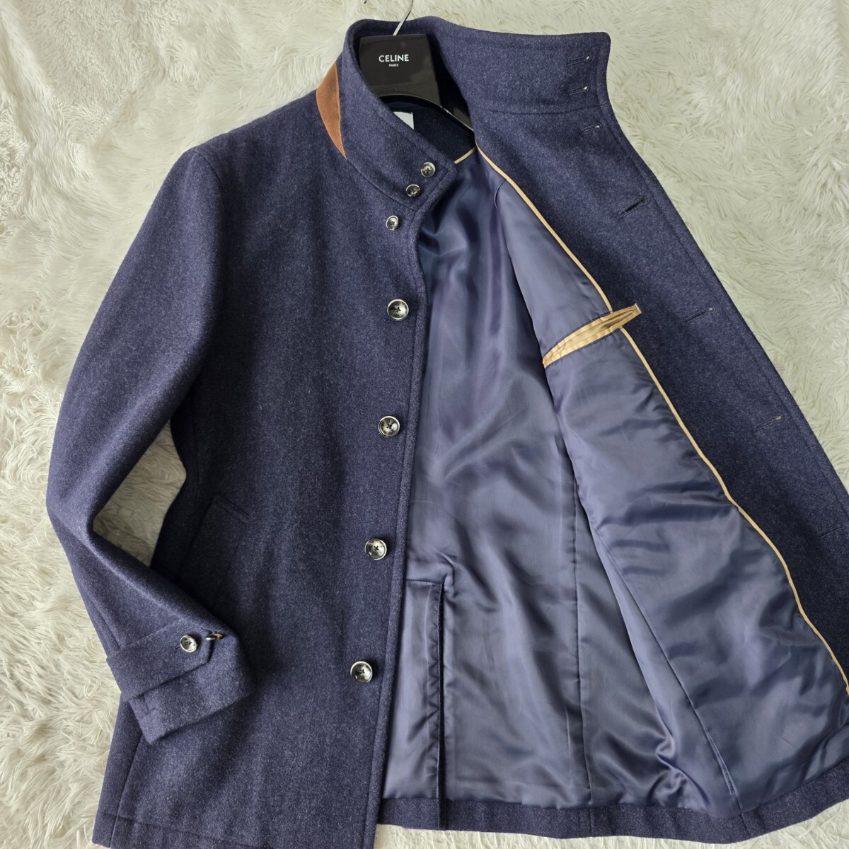 美品/L~XL位 ●TAKEO KIKUCHI ピーコート【カシミヤ混】タケオキクチ メンズ スタンドカラー ネイビー ウール アウター ジャケット レザー拍卖