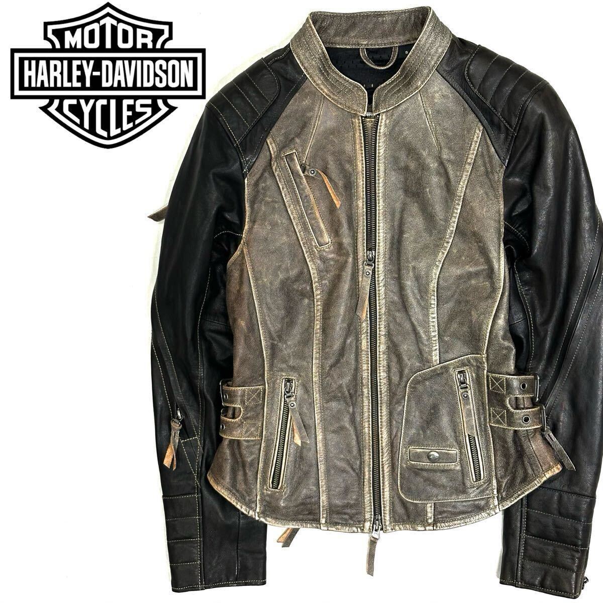 定価9万円 Harley-Davidson 98105-16VW 牛革 山羊革レディース キャピトル ライダーズ ジャケット(S)ユーズド エイジング加工 ブルゾン拍卖