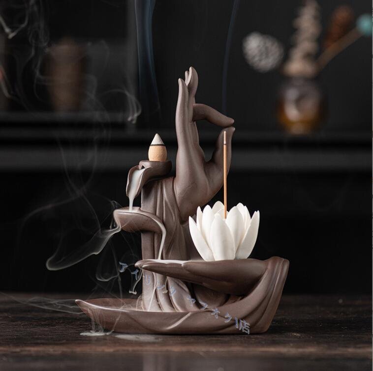 ◆新品上質お香立て 蓮を持つ仏手 逆流香炉 香皿 陶器 線香立て お香立 お線香 仏壇用皿 癒やし香 開運 金運 幸運 線香差し拍卖